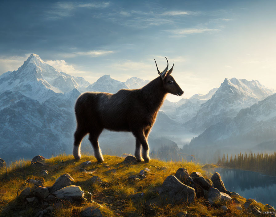 Majestic goat on grassy hill with mountain range and lake scenery