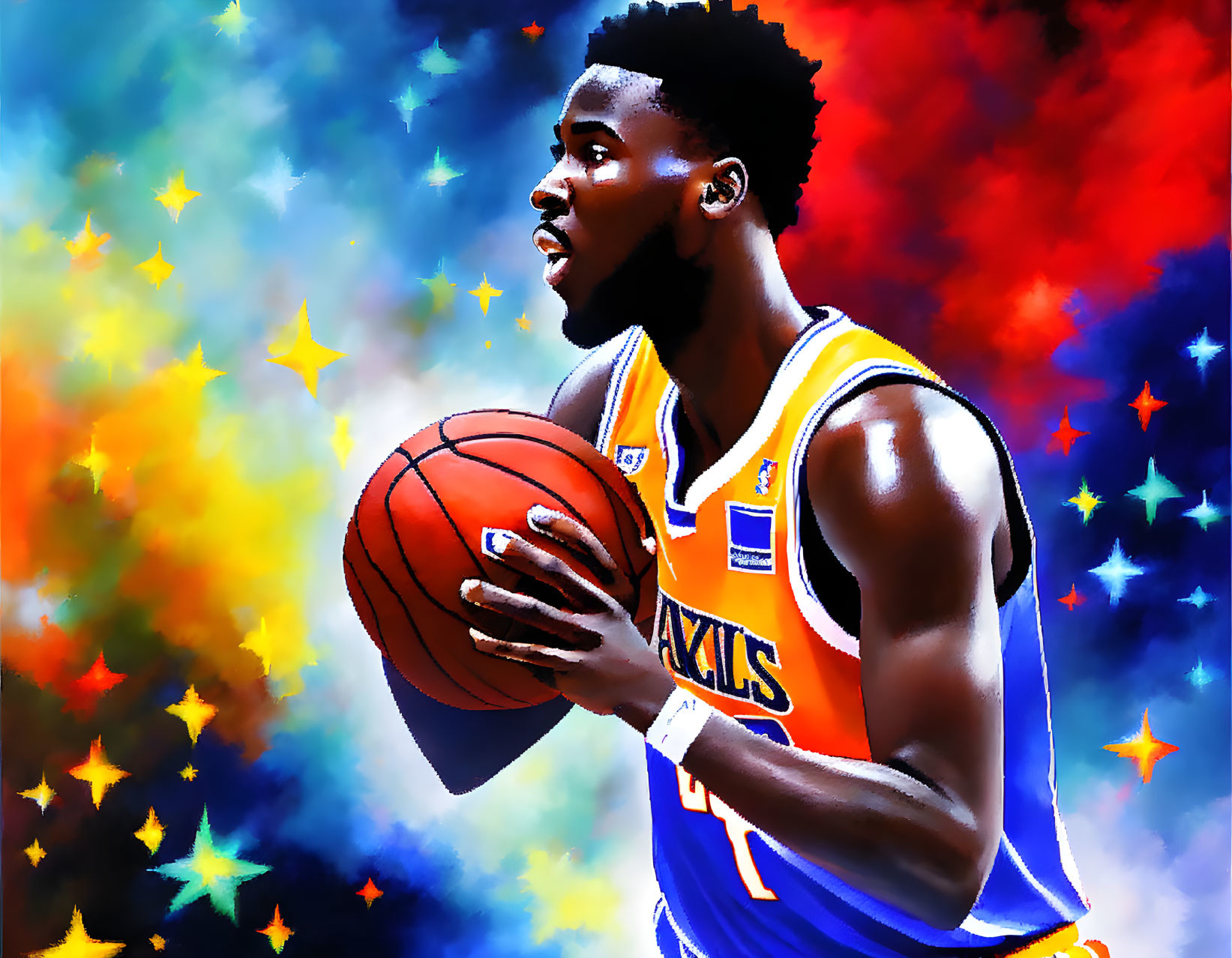 Colorful basketball player artwork in blue and yellow gear on starry background