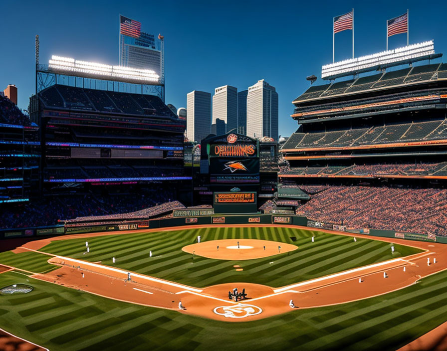 Baseball stadium scene on a sunny day with city skyline view