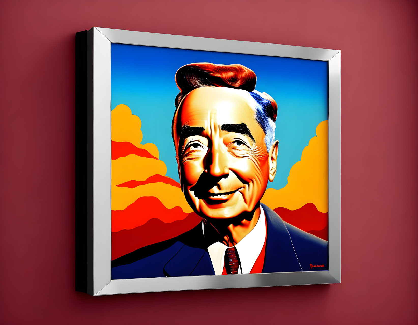 Colorful portrait of smiling man in suit against red clouds and blue sky background on red wall.