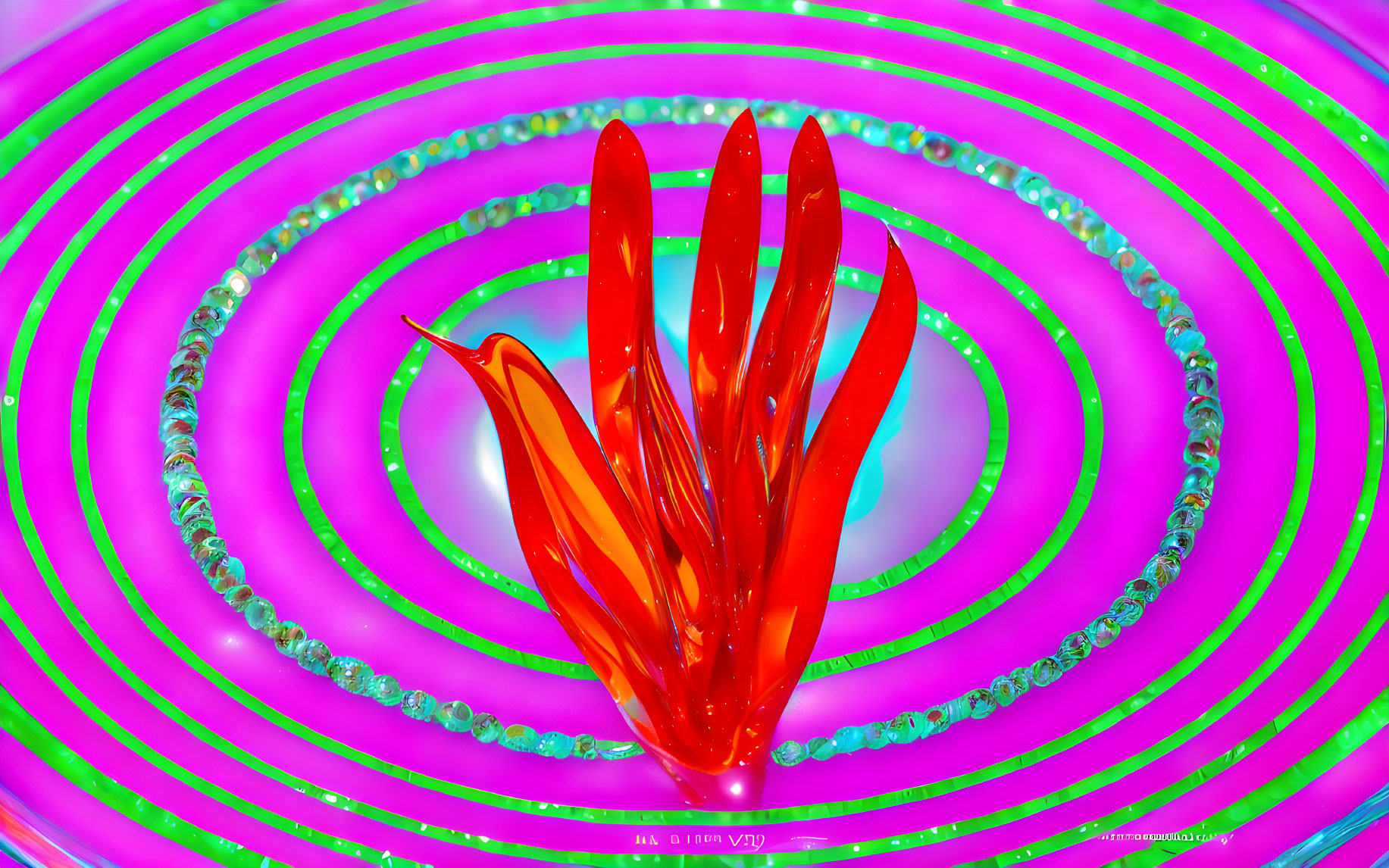 Vibrant red flame shape with green beads on pink and turquoise background