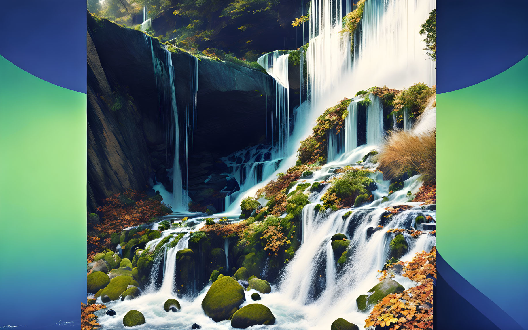 Tranquil waterfall over mossy rocks in autumn scene