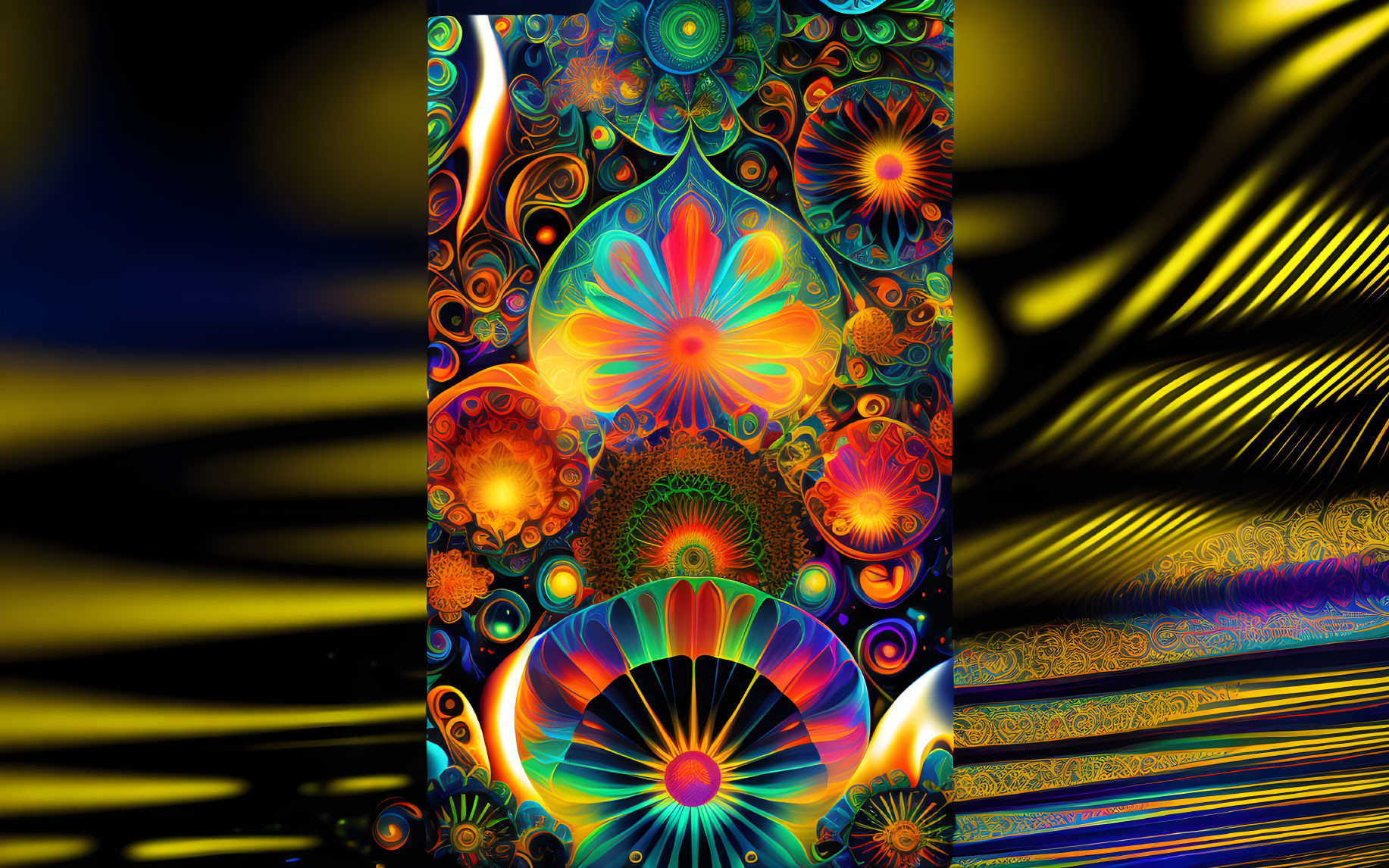 Colorful Psychedelic Digital Art with Floral Motif on Dark Background