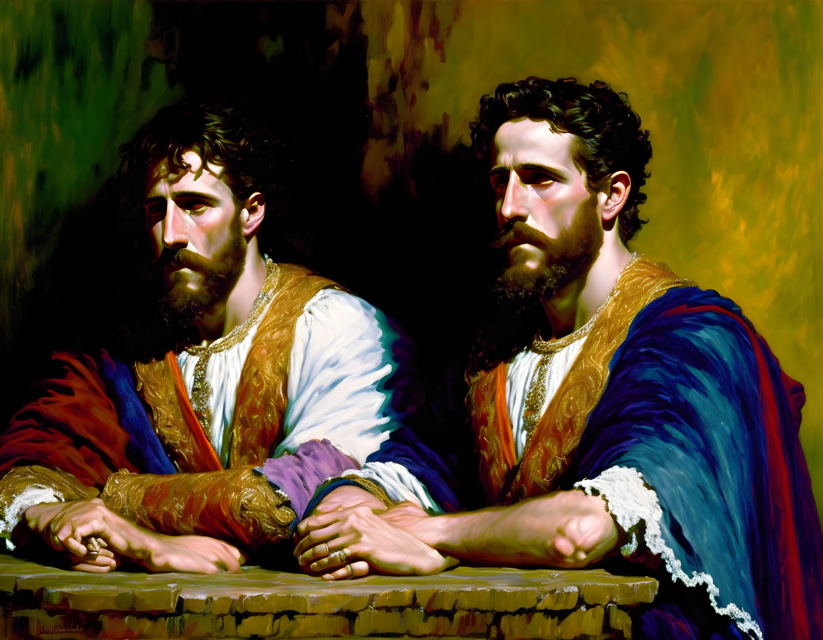 Two men in contrasting attire sitting at a table with intense gazes on a dark background