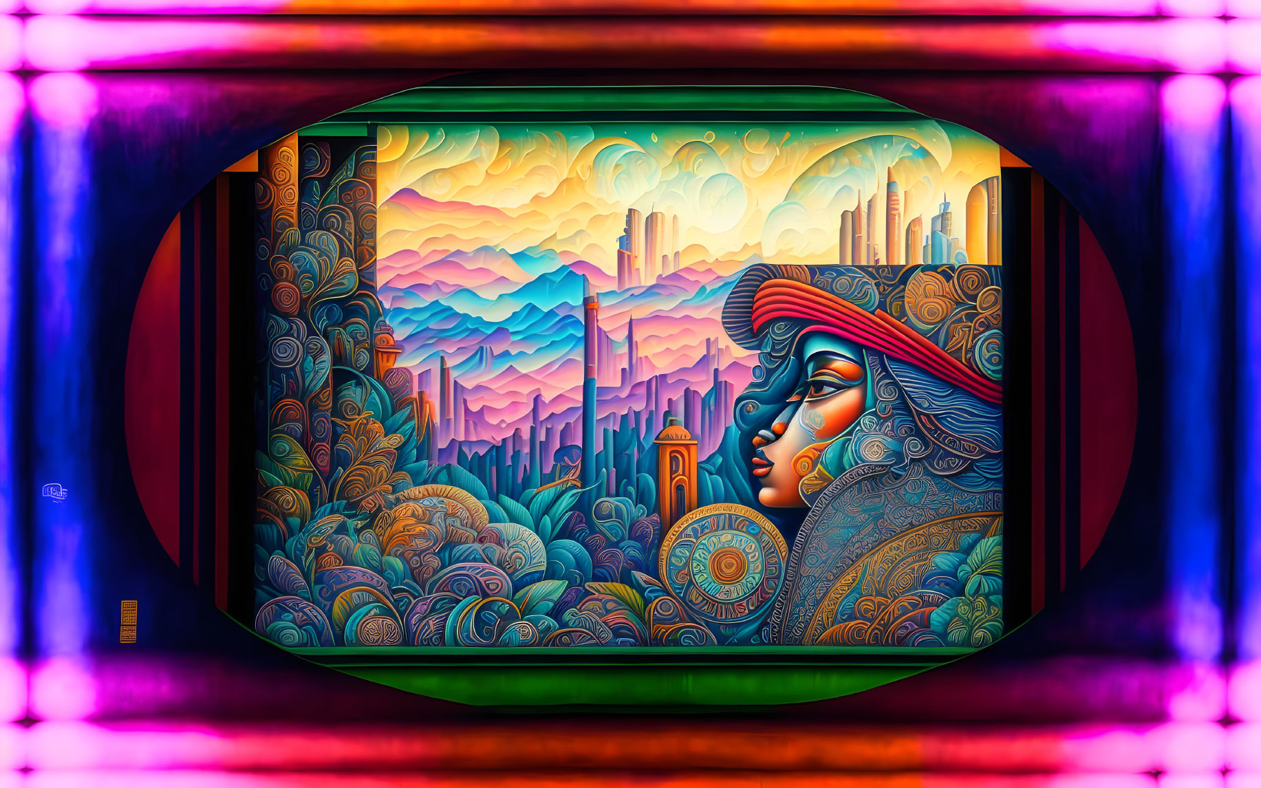 Colorful Psychedelic Woman Profile Illustration Against Abstract Cityscape