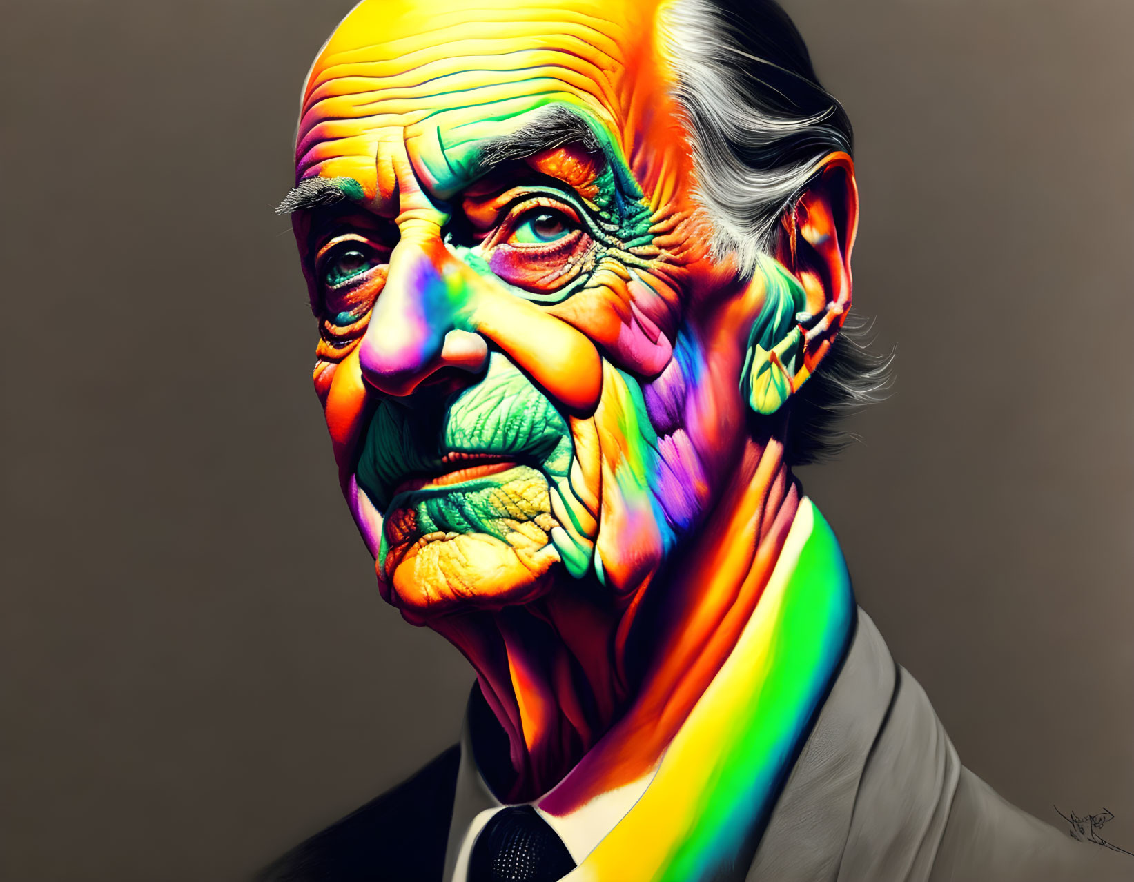 Colorful digital artwork: Elderly man with rainbow streak on face in black suit