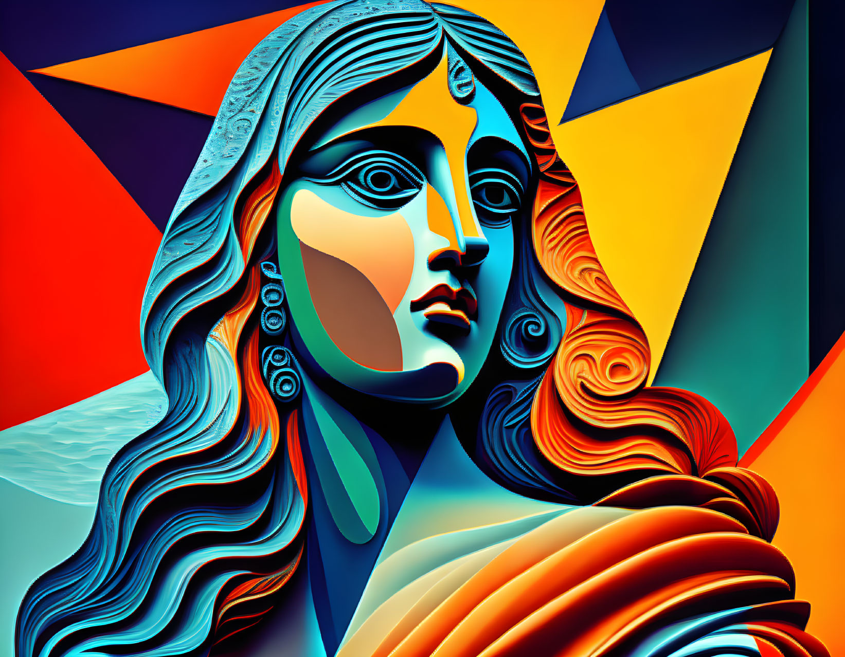 Colorful Digital Art: Woman with Flowing Hair on Geometric Background