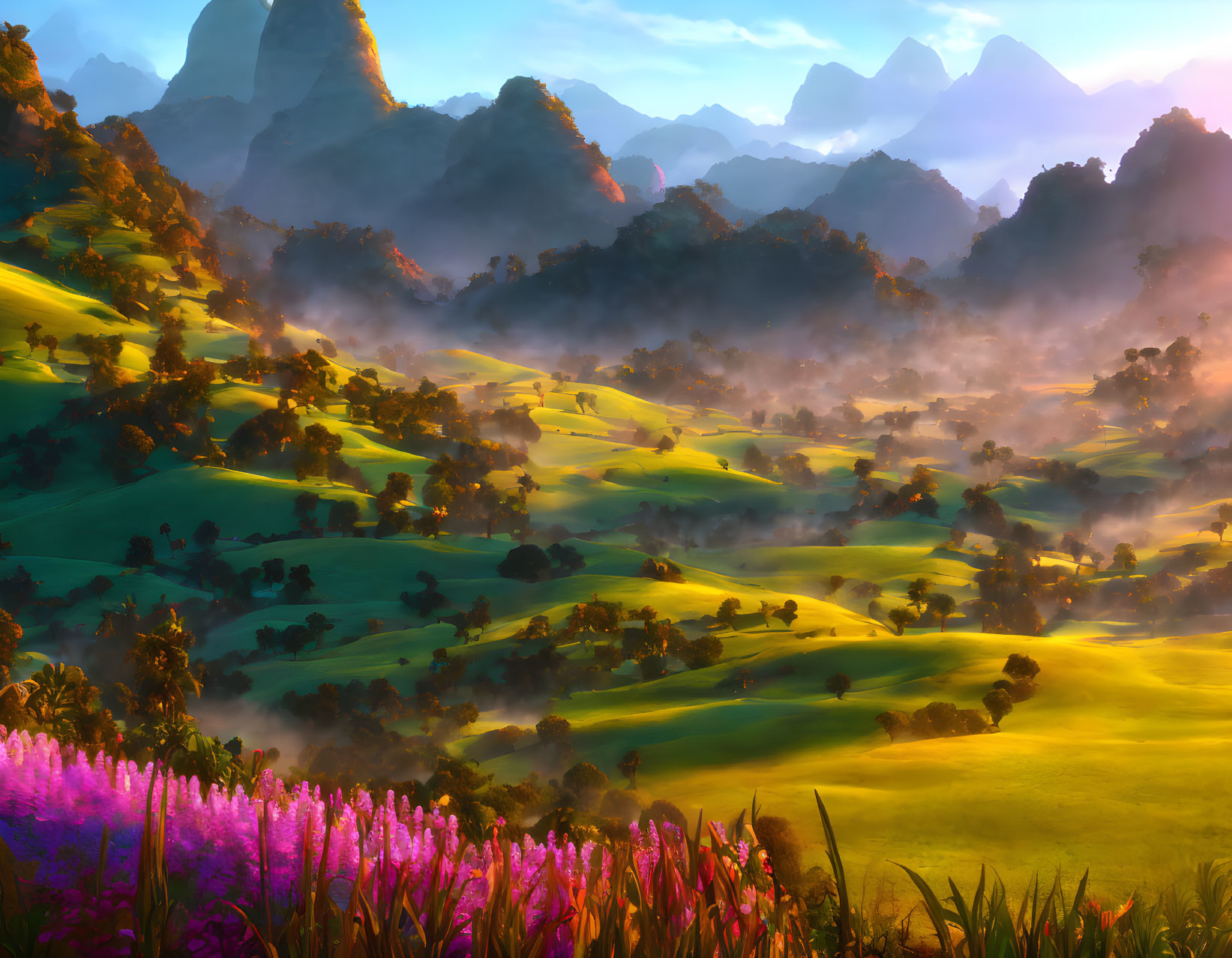 Scenic landscape with green hills, purple flowers, misty valleys, and towering mountains at sunrise