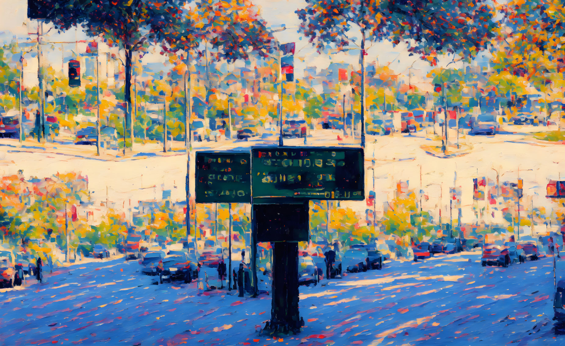 Impressionist urban street scene with autumn trees and public transport sign