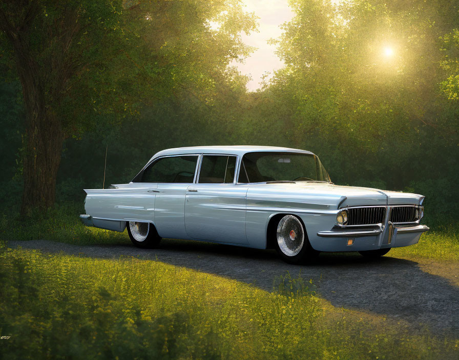 Vintage White Car Parked on Forest Road in Soft Sunlight