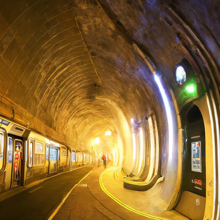 Curved subway station with orange lighting, train on platform, pedestrian on track path