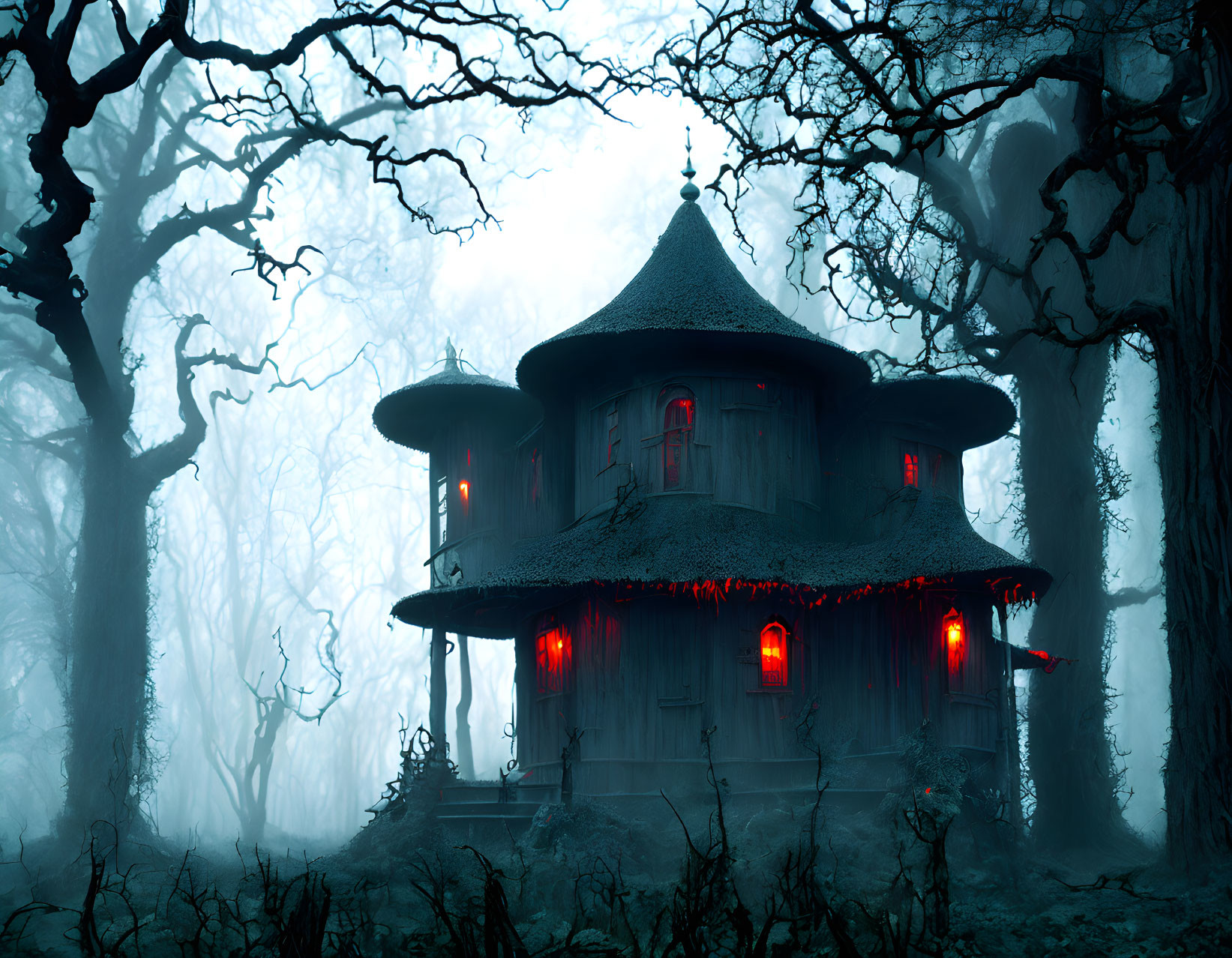 Eerie multi-story wooden house in misty forest