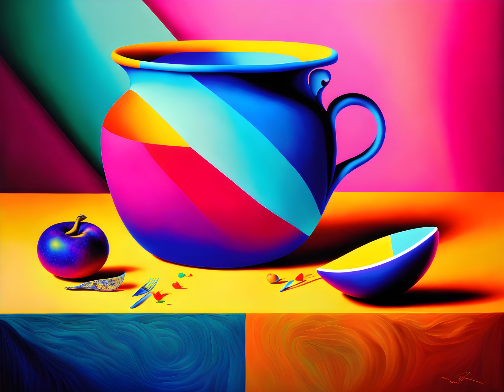 Colorful still life painting with jug, bowl, apple, and pills in surreal setting.