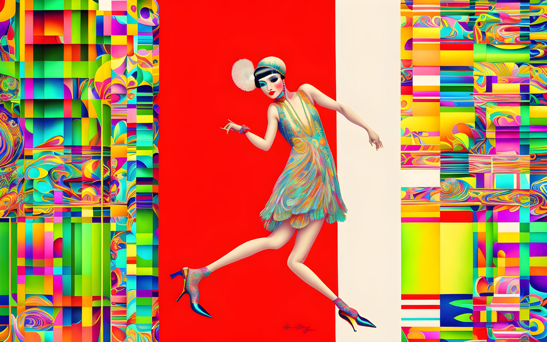 Vintage flapper dress woman illustration on vibrant abstract background