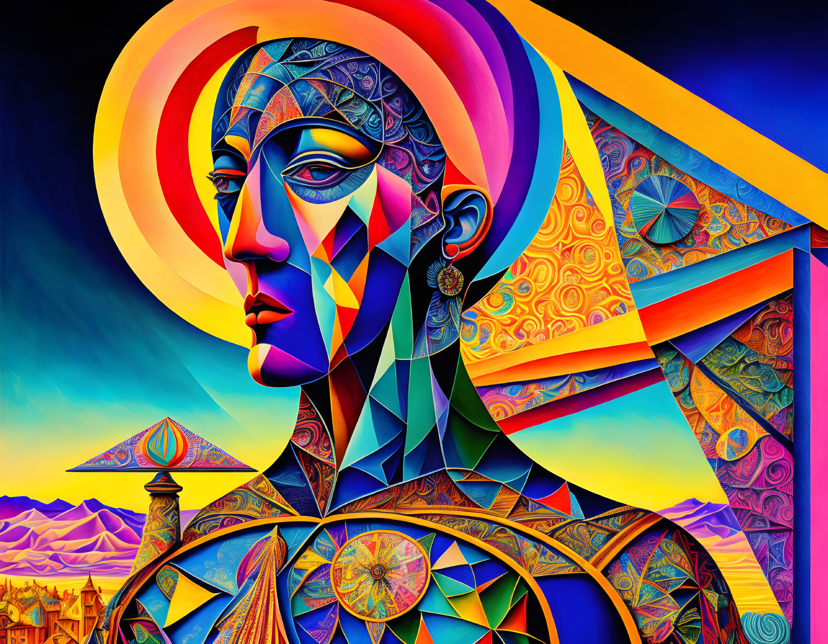 Colorful abstract portrait with geometric patterns and surreal landscape blend