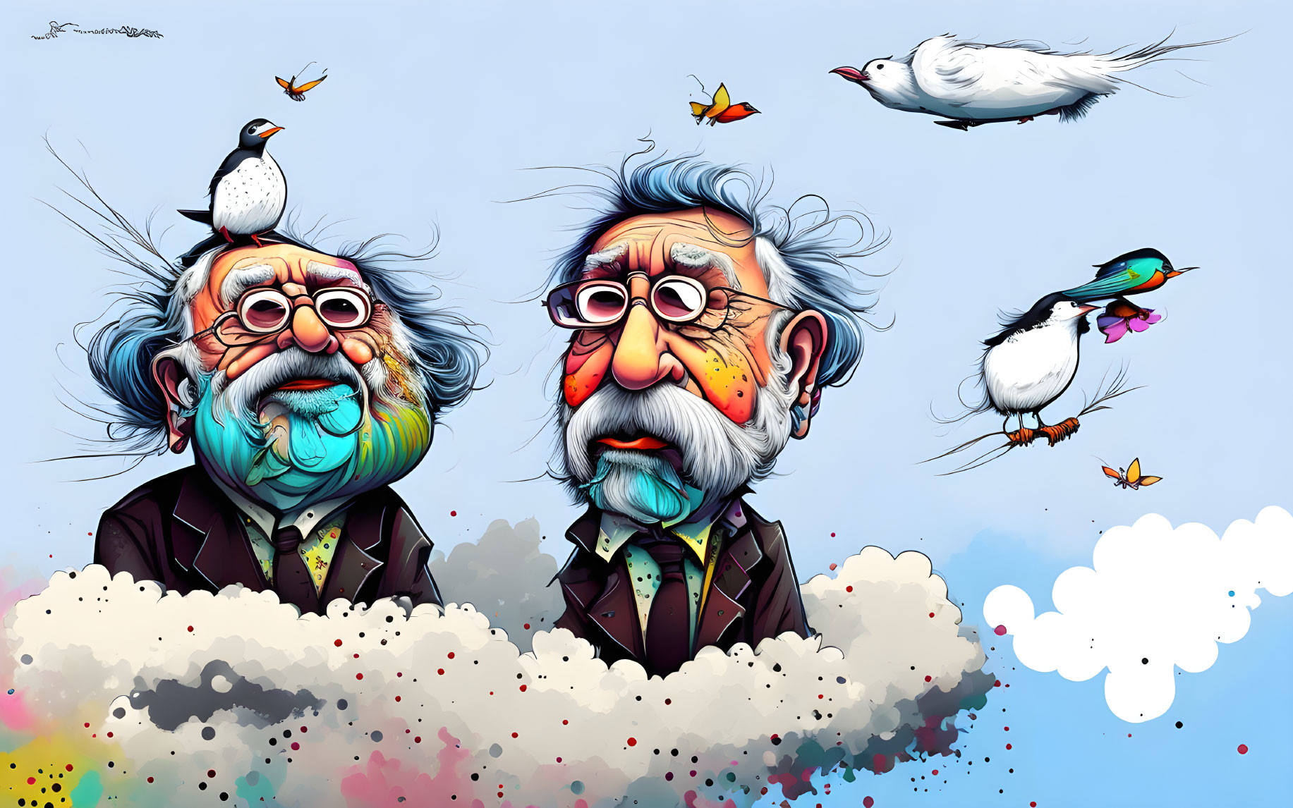 Vibrant Caricature Featuring Elderly Men with Birds and Butterflies