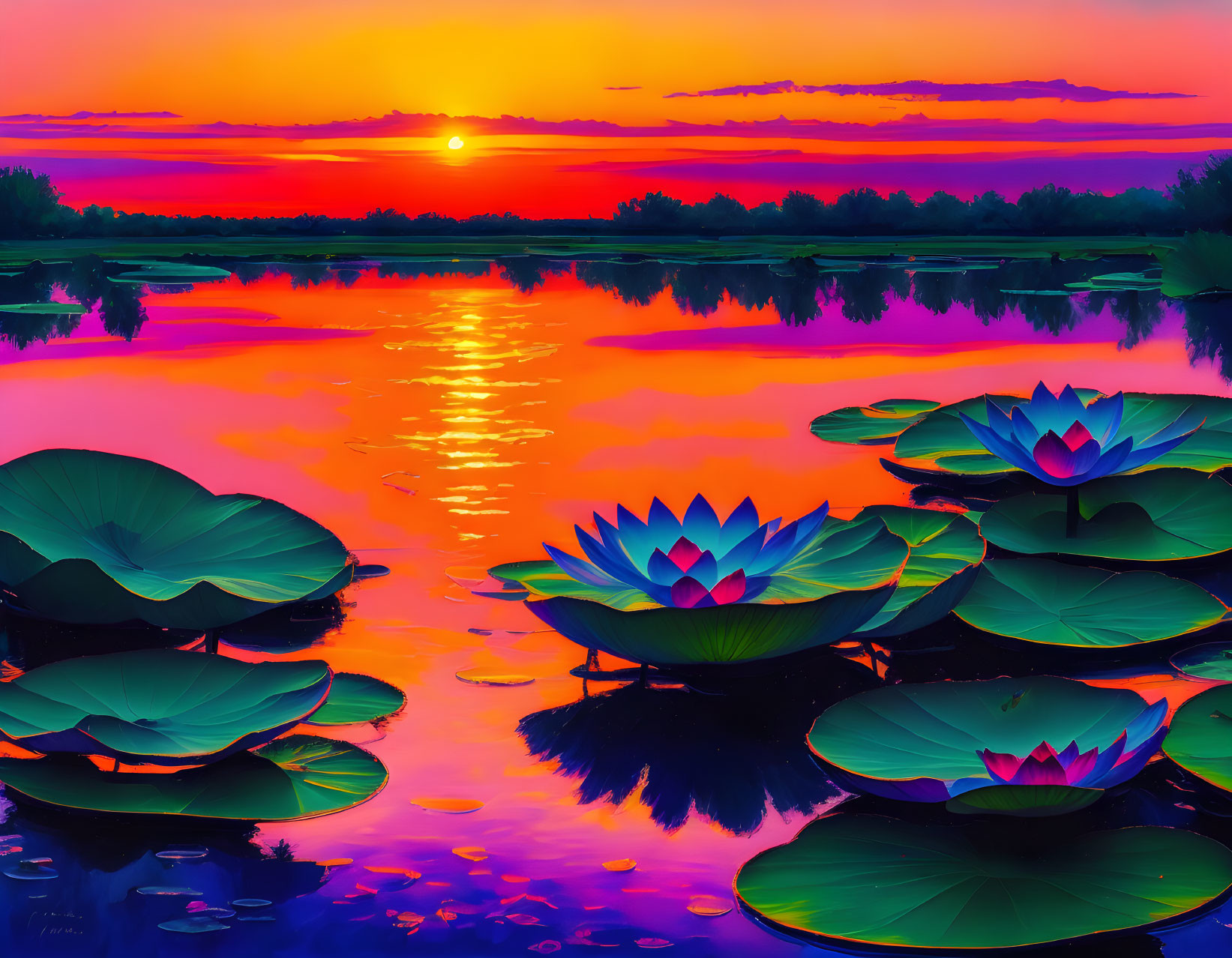 Scenic sunset over calm lake with water lilies and green lily pads