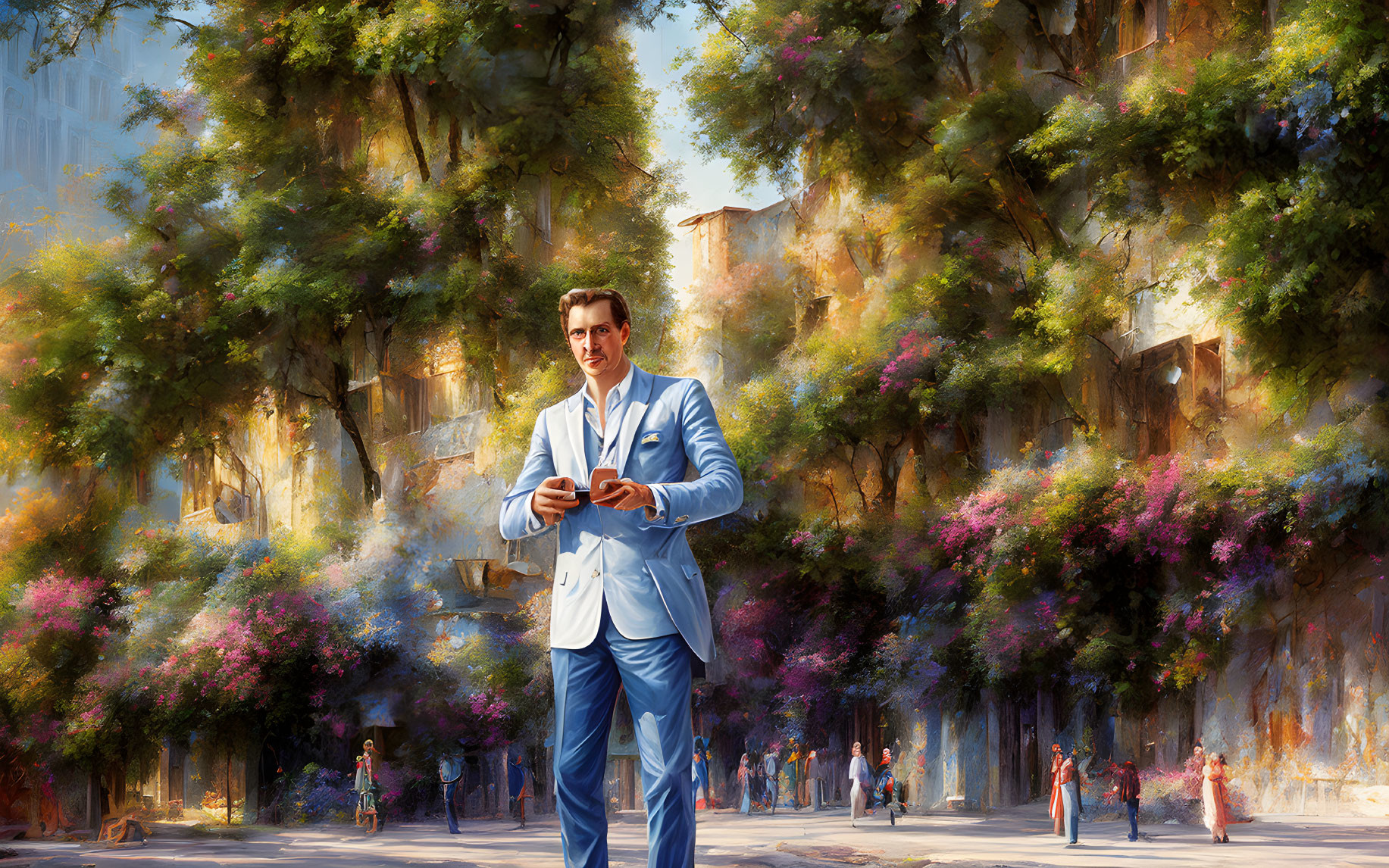 Man in Blue Suit Smiling on Sunlit Flowering Street