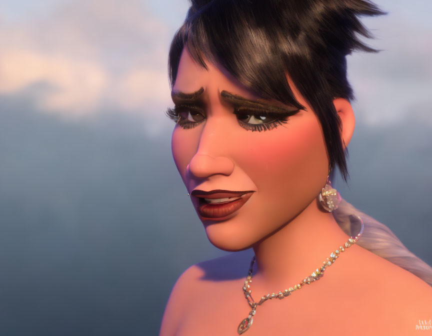 Dark-Haired Female Character with Makeup and Jewelry in 3D Rendering