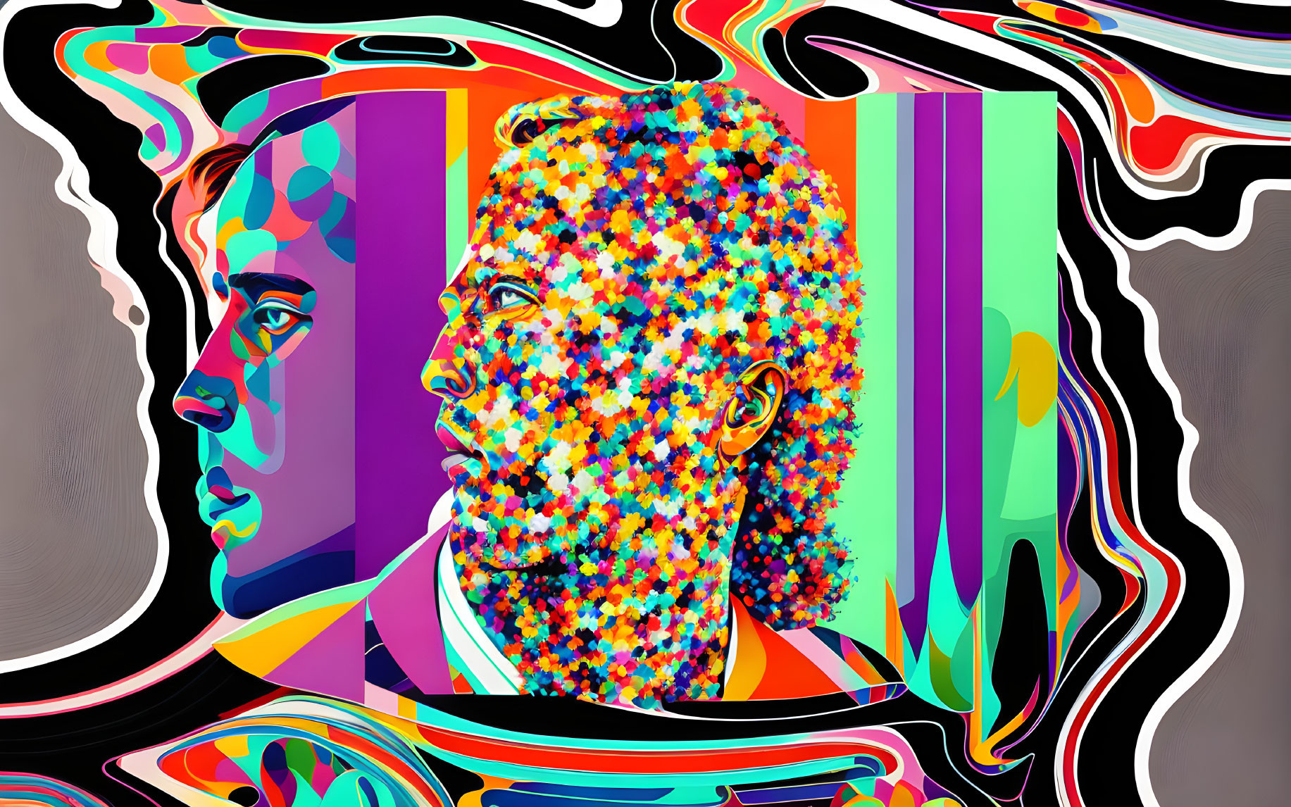 Colorful abstract digital artwork: Two male profiles with vibrant patterns.