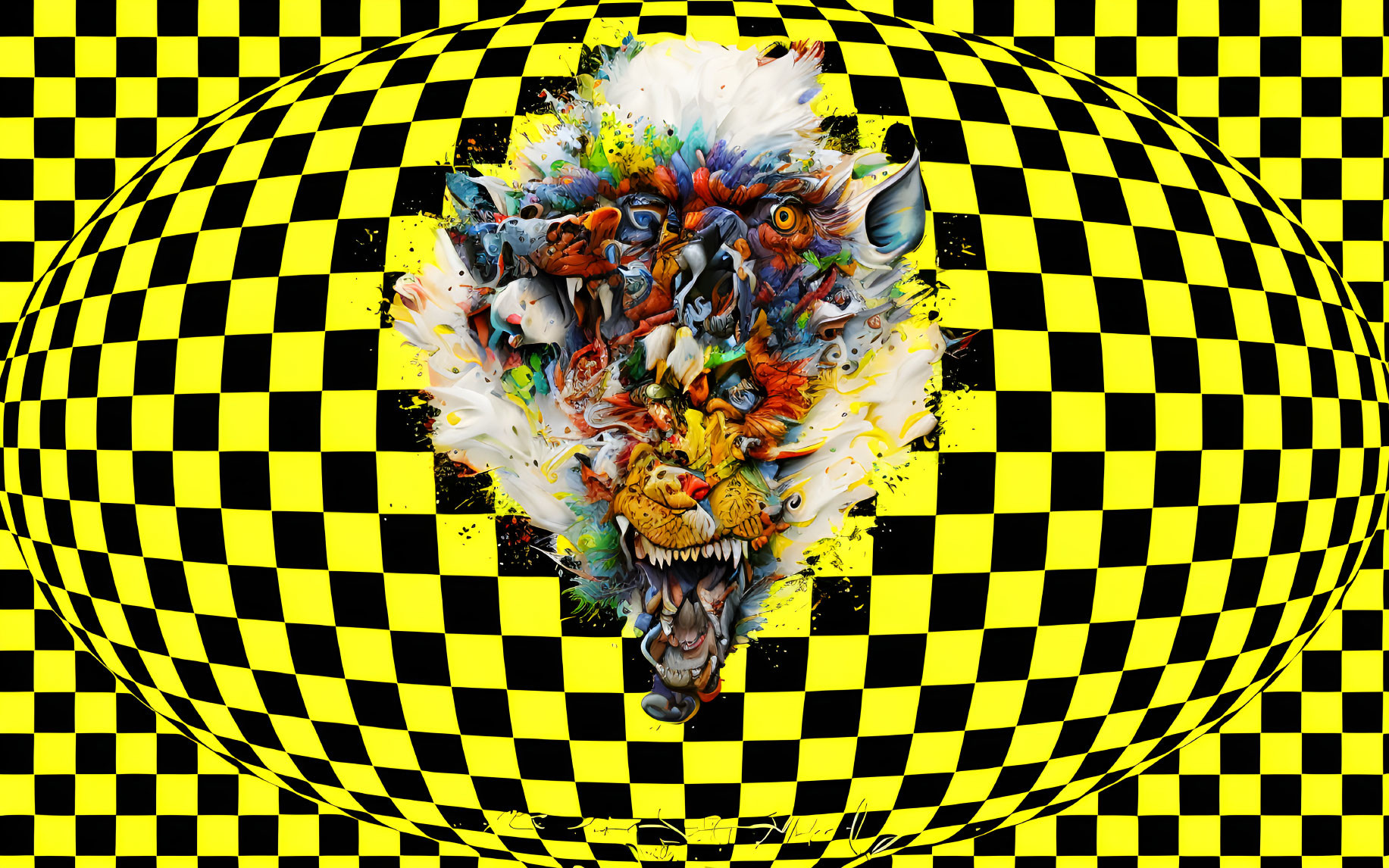 Colorful chaotic digital artwork with creatures on checkered background