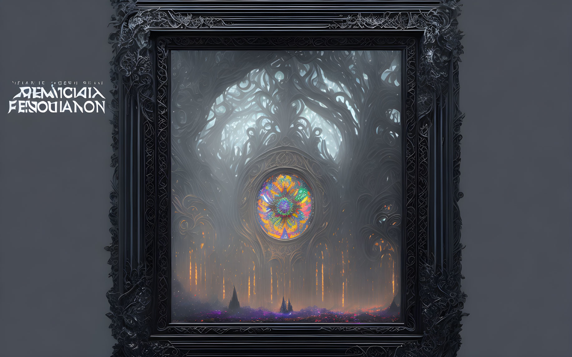 Gothic stained-glass window in dark ornate frame, illuminating misty, candle-l