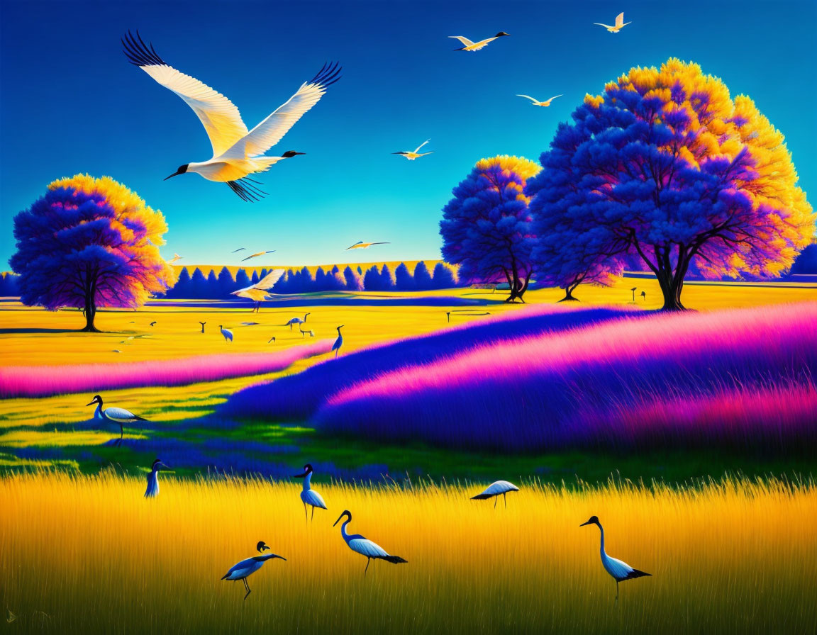 Colorful landscape with trees, purple field, golden grass, and cranes under blue sky