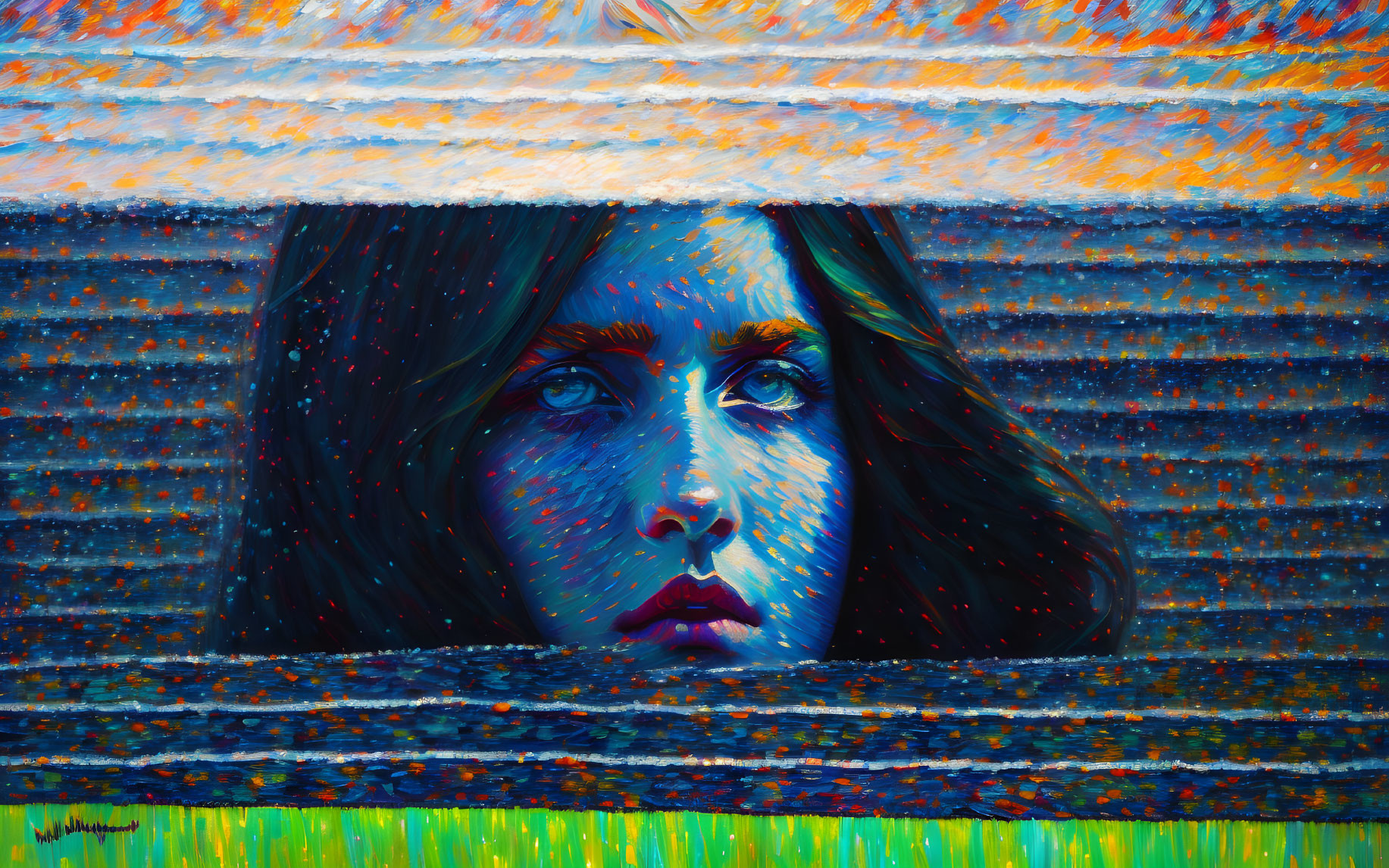 Vibrant pointillist-style painting of woman's face in colorful stripes