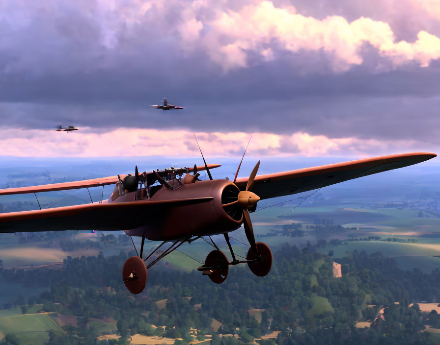 Vintage Biplane Flying Over Pastoral Landscape