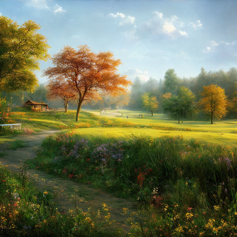 Tranquil sunset landscape with path to cottage, colorful trees, and flower meadow