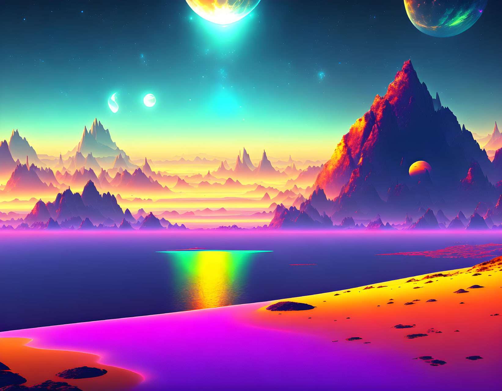 Colorful Alien Landscape: Neon Mountains, Glowing Water, Celestial Sky