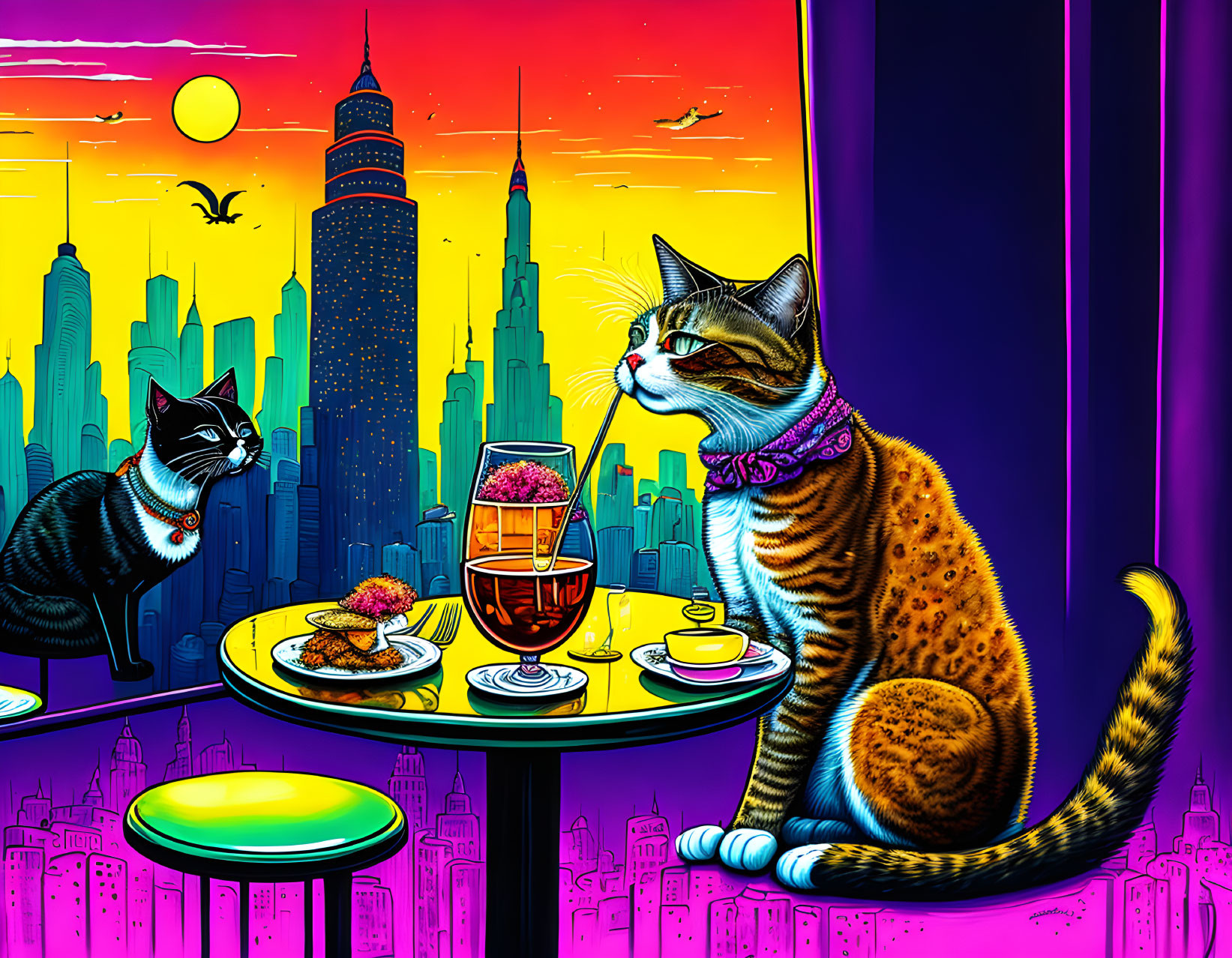 Two Cats Enjoying Food and Drinks in Urban Bar Setting