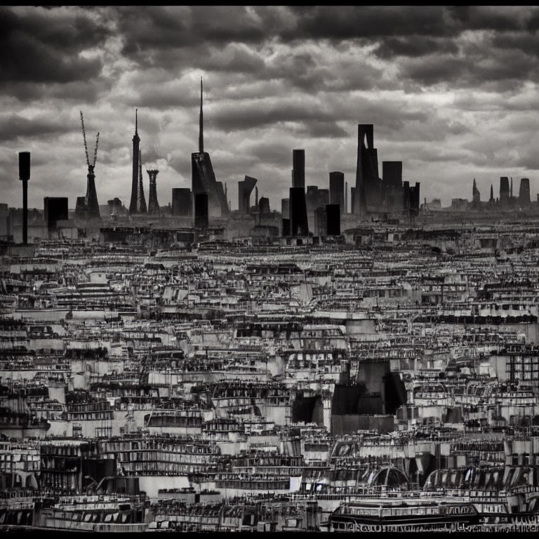 Monochrome cityscape with dense buildings and modern skyscrapers under cloudy sky