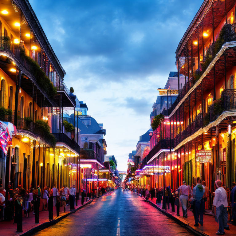 Vibrant street scene at dusk with illuminated balconies and people walking