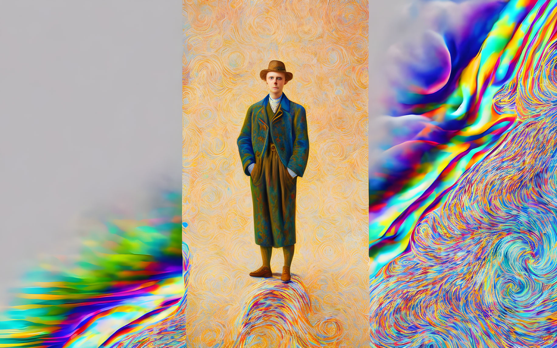 Vintage Attire Person in Psychedelic Background with Vibrant Colors