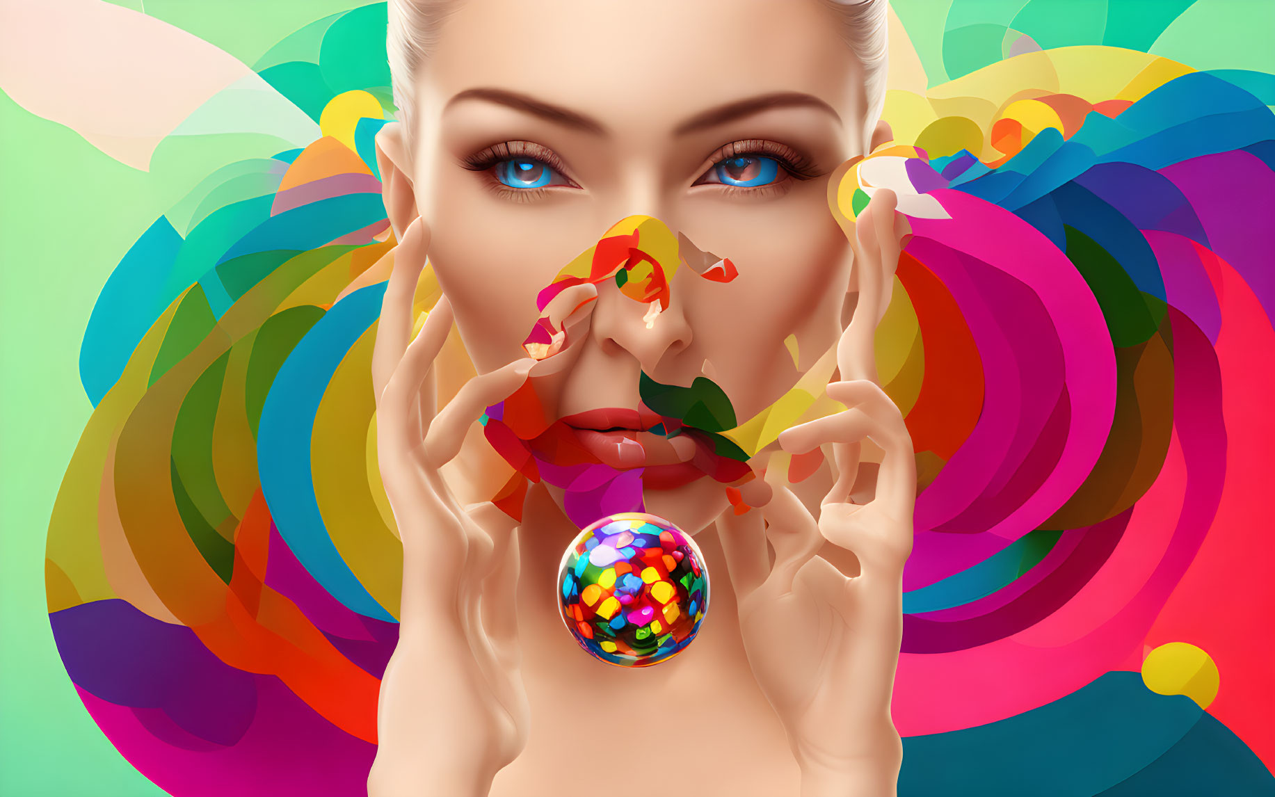 Colorful digital artwork: Woman with blue eyes holding sphere on rainbow background