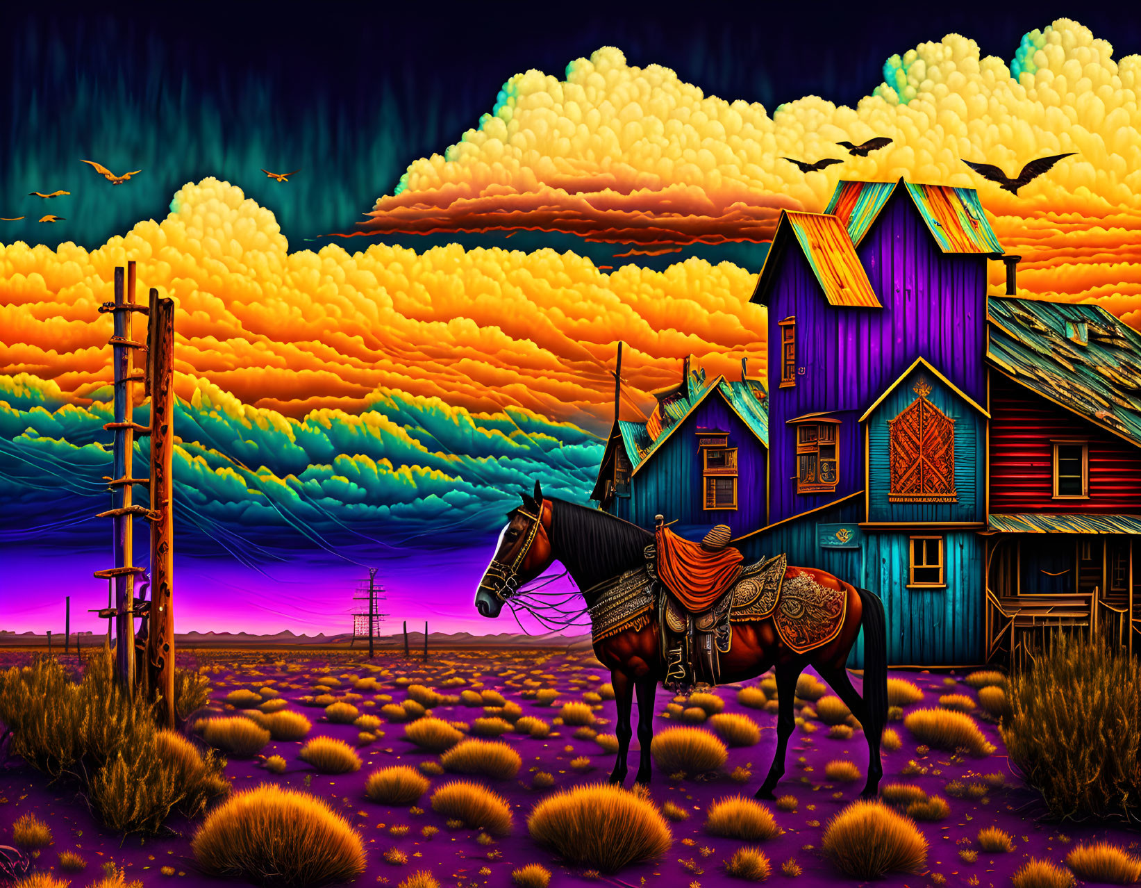 Colorful surreal landscape with horse, wooden houses, and dramatic sky.