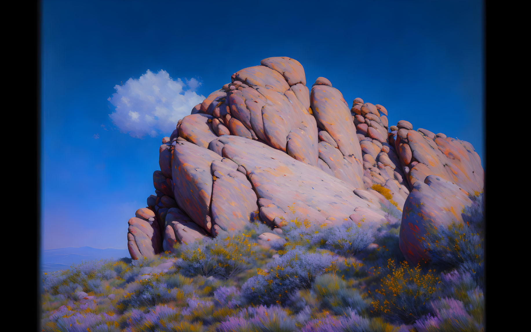 Rock formation under blue sky with cloud and wildflowers.