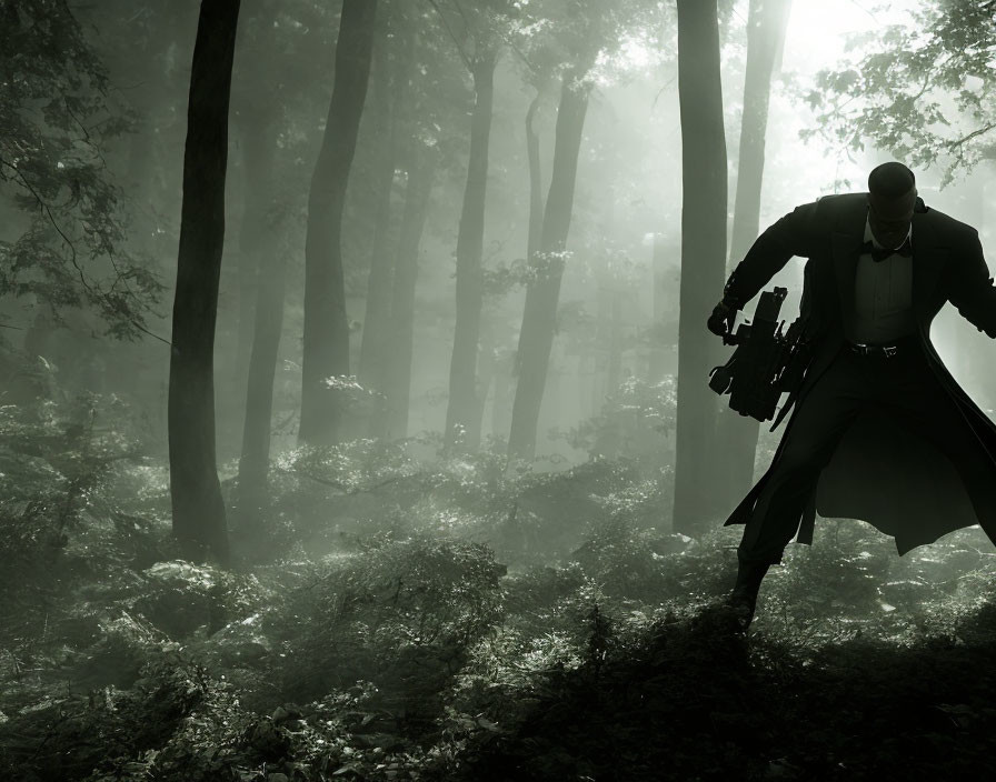 Mysterious person in suit and cape with gun in foggy forest