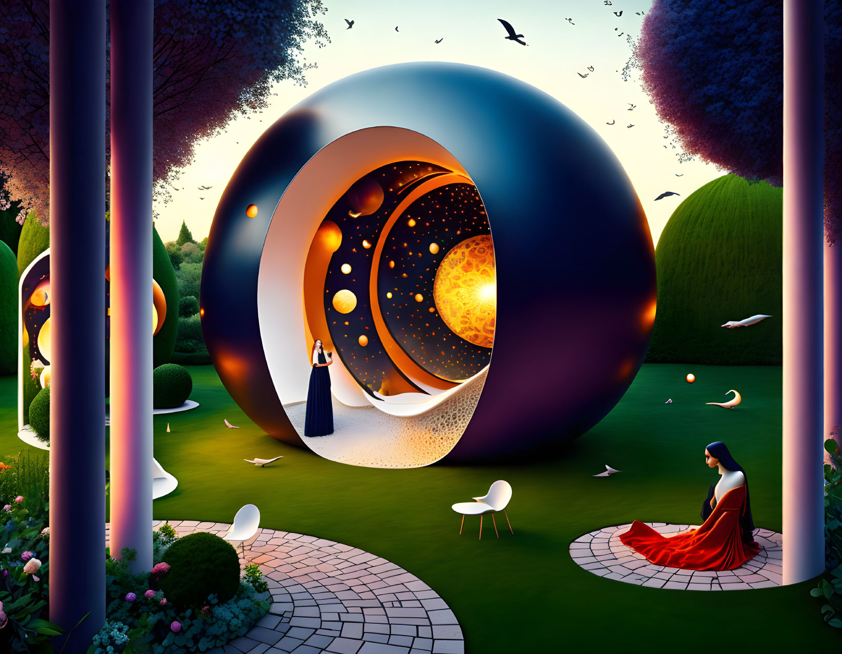 Surreal landscape featuring woman in red, orbs, birds, and lush greenery.