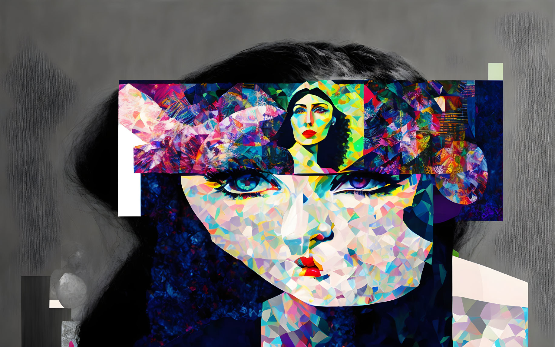 Colorful geometric shapes overlay fragmented portrait of a woman