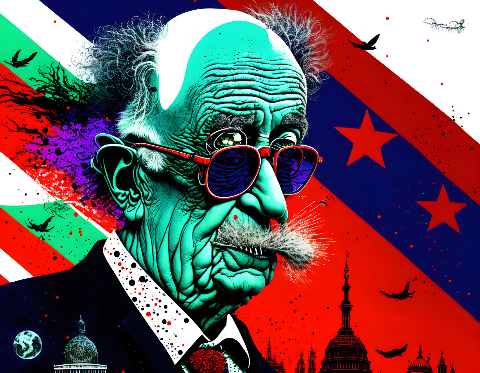 Colorful portrait of elderly man with glasses in patriotic, urban, and celestial setting.