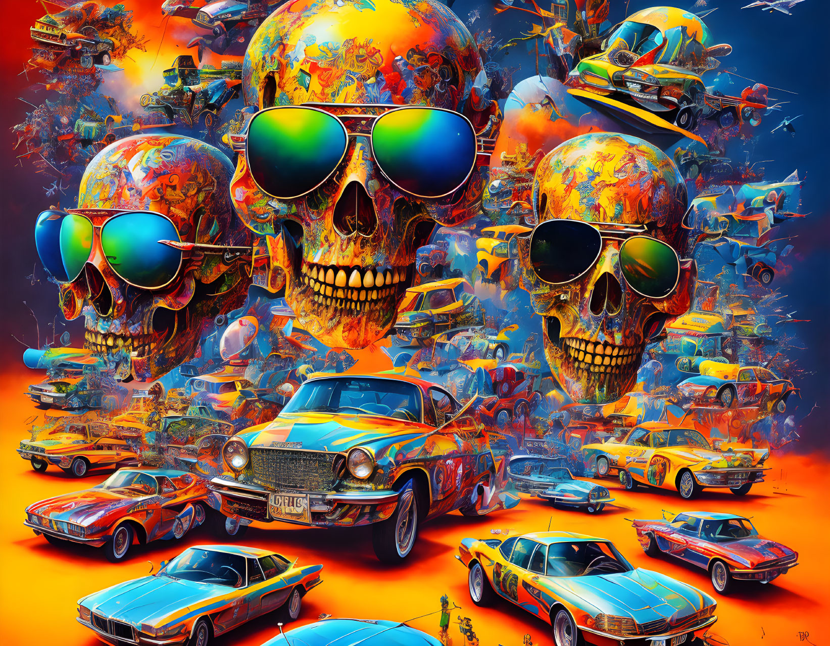 Colorful Artwork: Floating Skulls, Classic Cars, Explosions