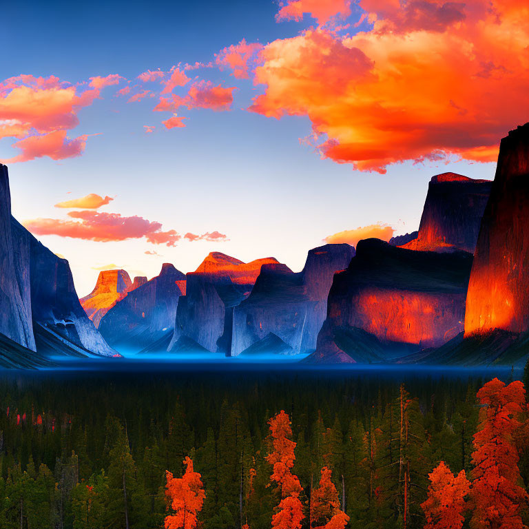 Scenic mountain valley sunset with orange clouds and dense forest