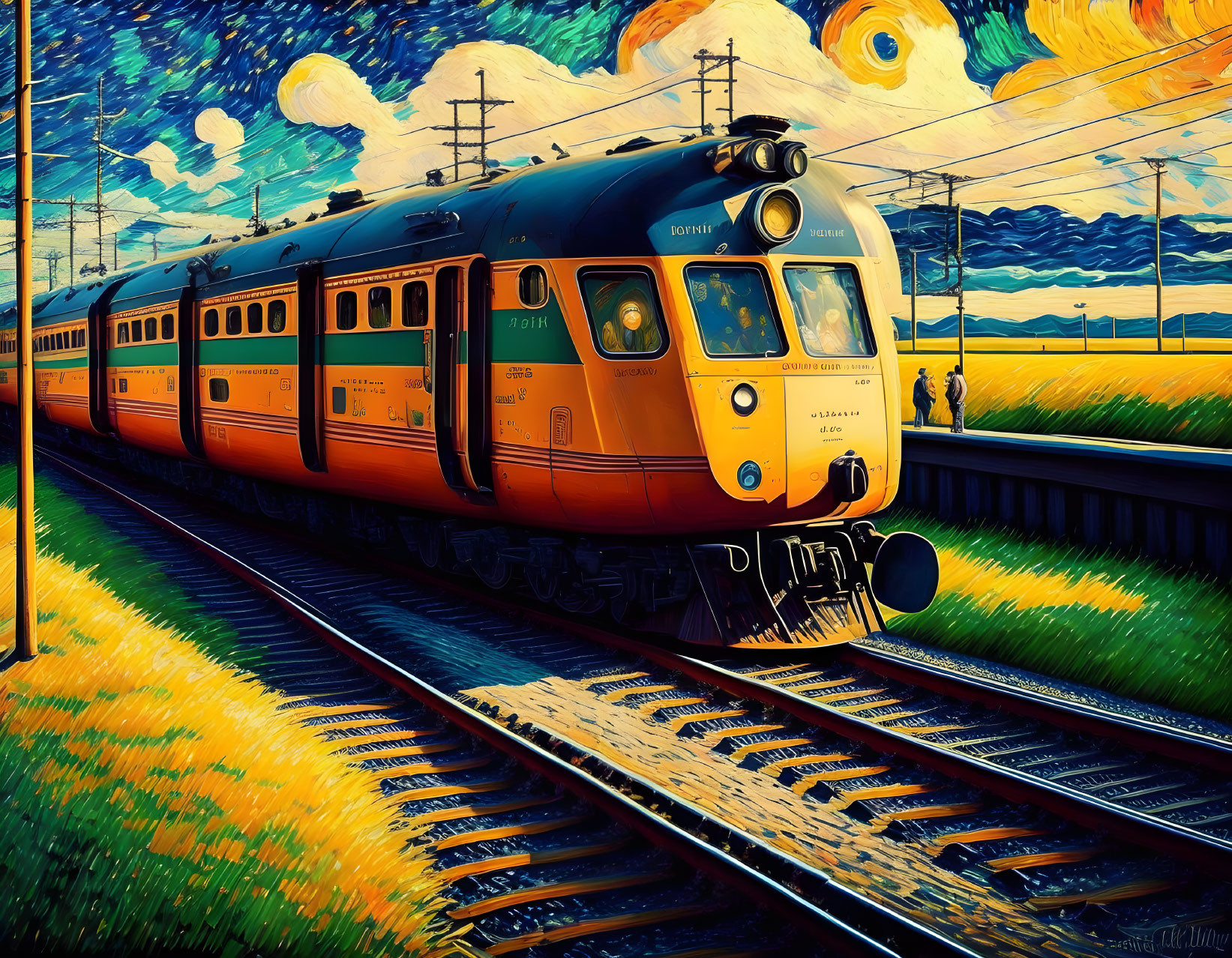 Yellow-Orange Train on Tracks in Vibrant Countryside Scene