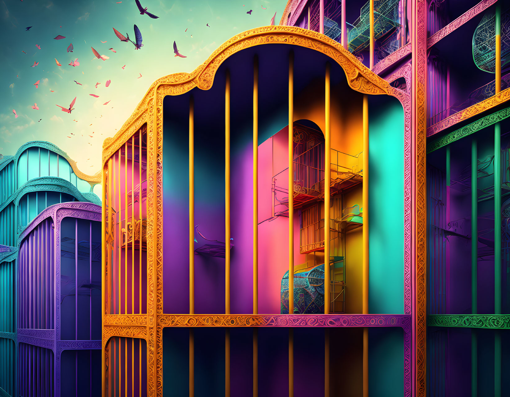 Colorful surreal urban landscape with ornate turquoise and purple buildings and glowing gradients.