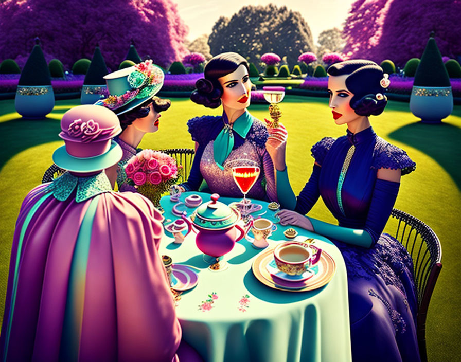 Elegantly dressed women at colorful tea party in lush garden