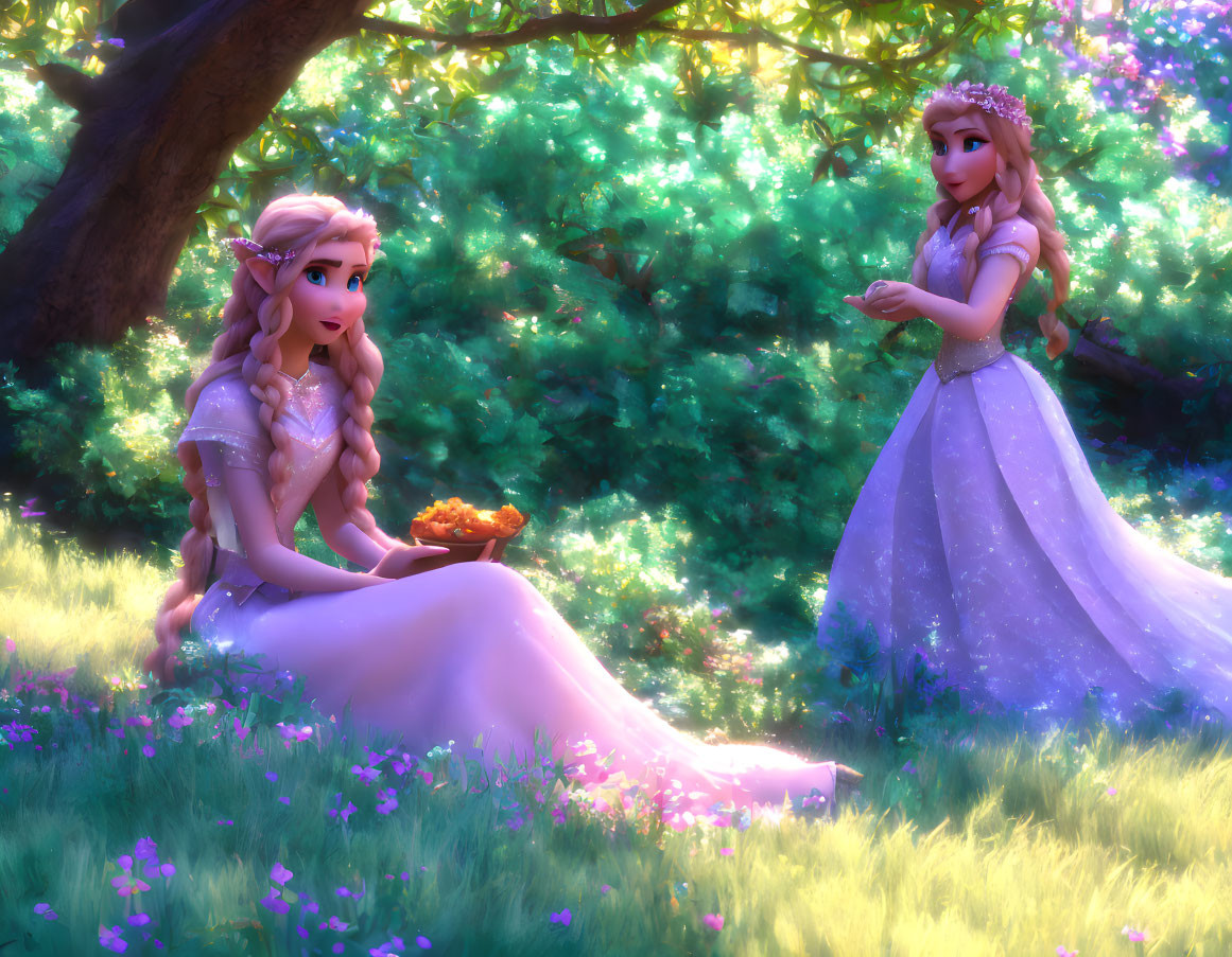 Animated princesses in magical forest with pie and vibrant flora.