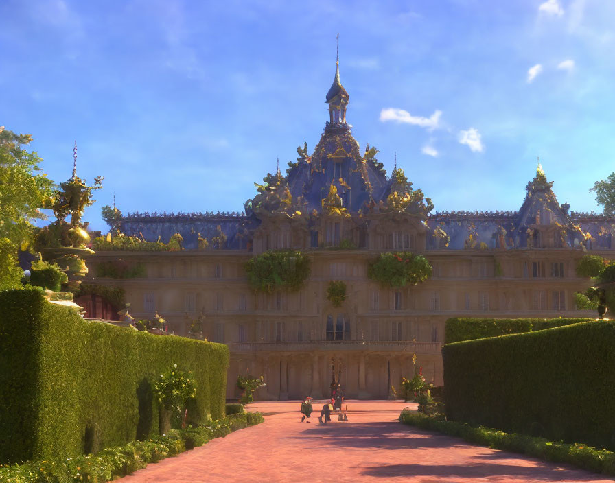 Ornate Palace with Golden Statues and Manicured Hedges