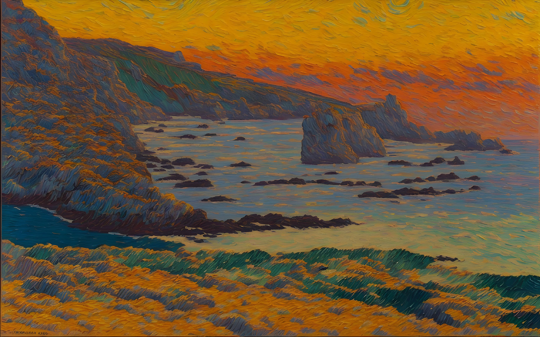 Vivid Orange Sky and Blue Sea in Impressionist Painting